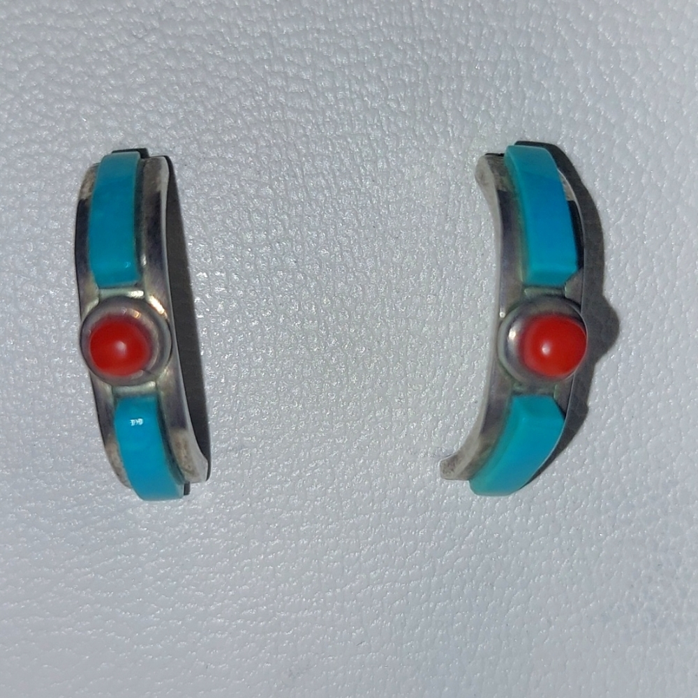 Silver, Turquoise and Red Coral stud earrings.